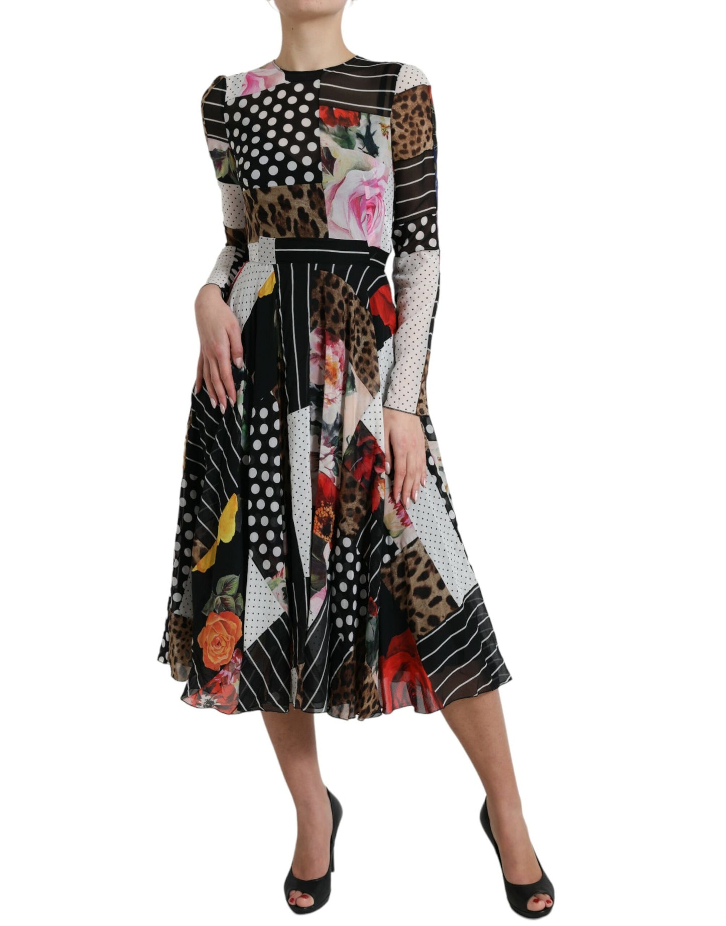  - Elegant Patchwork Silk Midi A-Line Dress