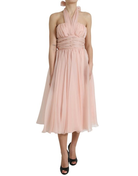  - Elegant Silk Chiffon Halter Midi Dress