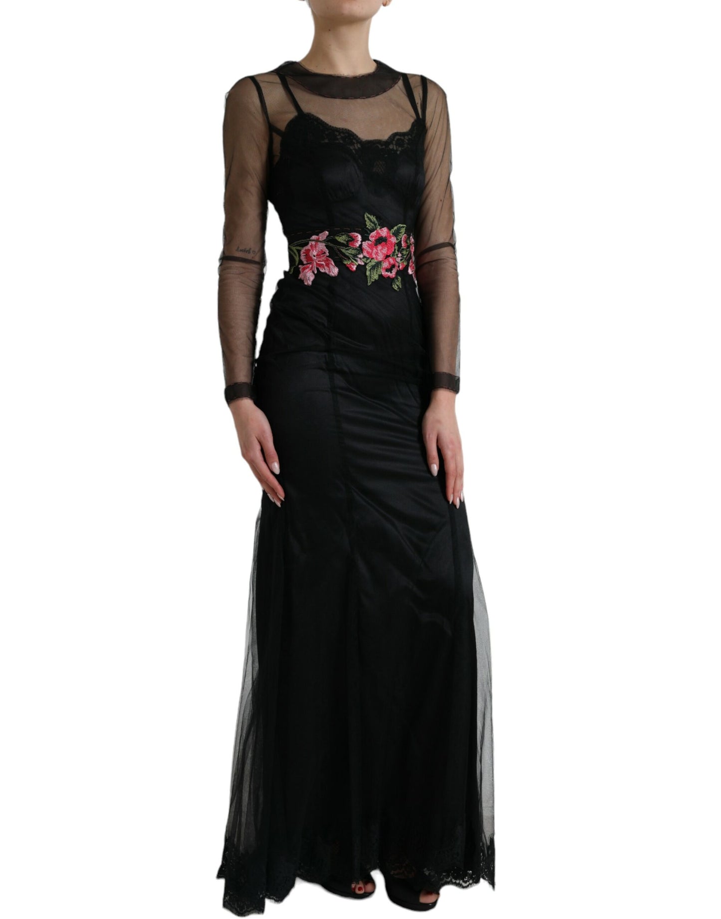  - Floral Embroidery Tulle Long Evening Dress