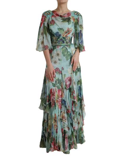  - Elegant Floral Silk Long Dress