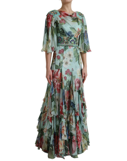  - Elegant Floral Silk Long Dress