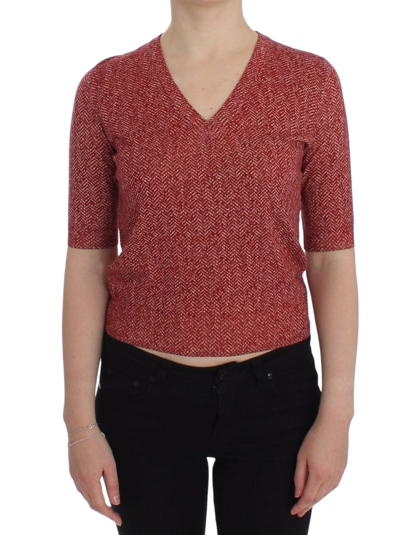  - Enchanting Red Tweed V-Neck Sweater