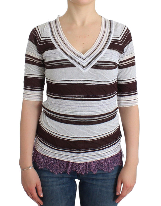  - Striped V-Neck Knit Top with Lace Hem