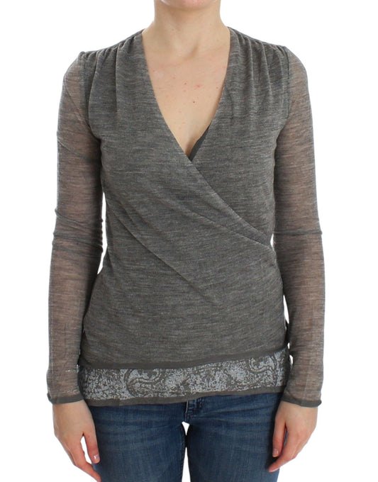  - Elegant Gray Wool Blend Deep V-neck Sweater