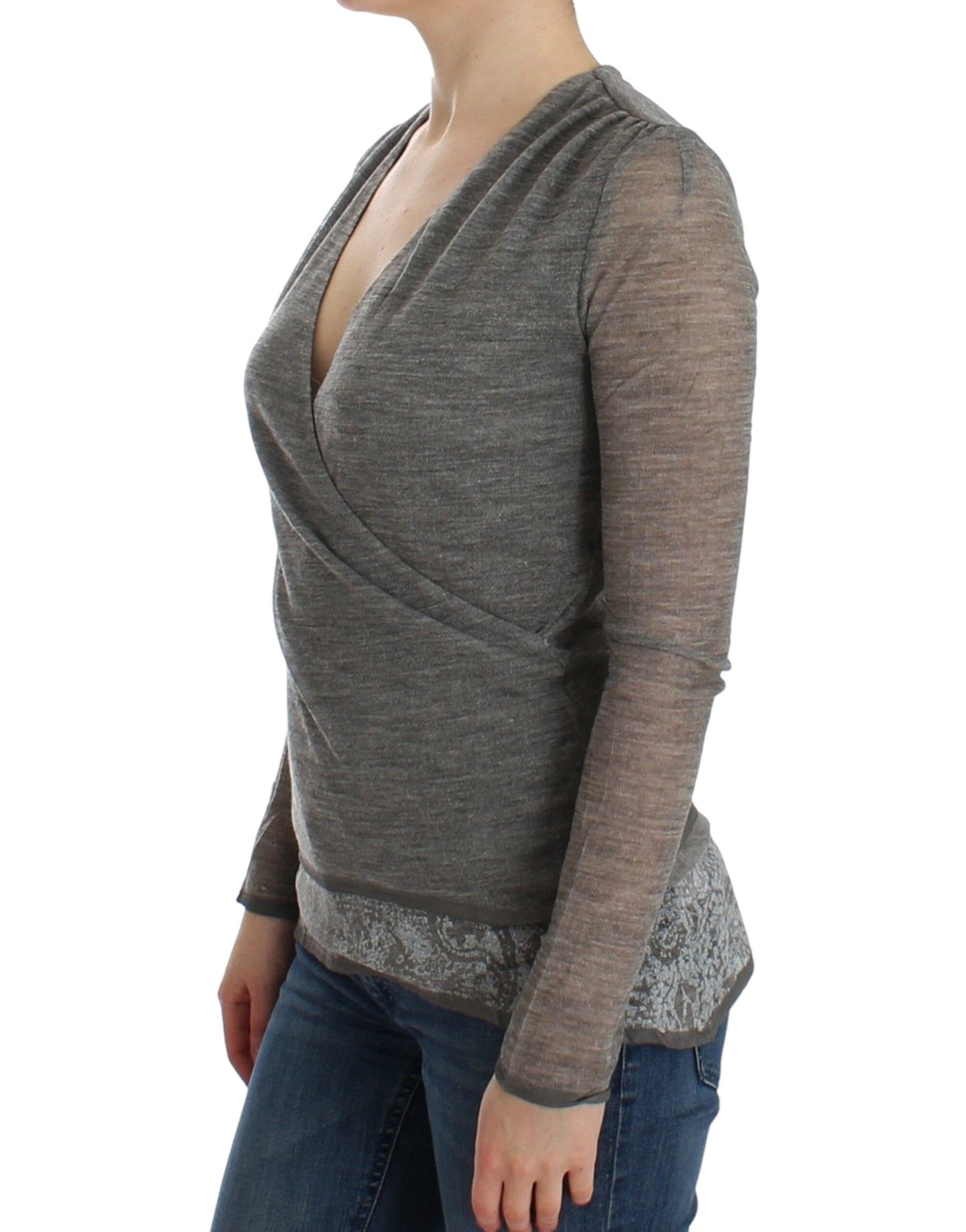  - Elegant Gray Wool Blend Deep V-neck Sweater