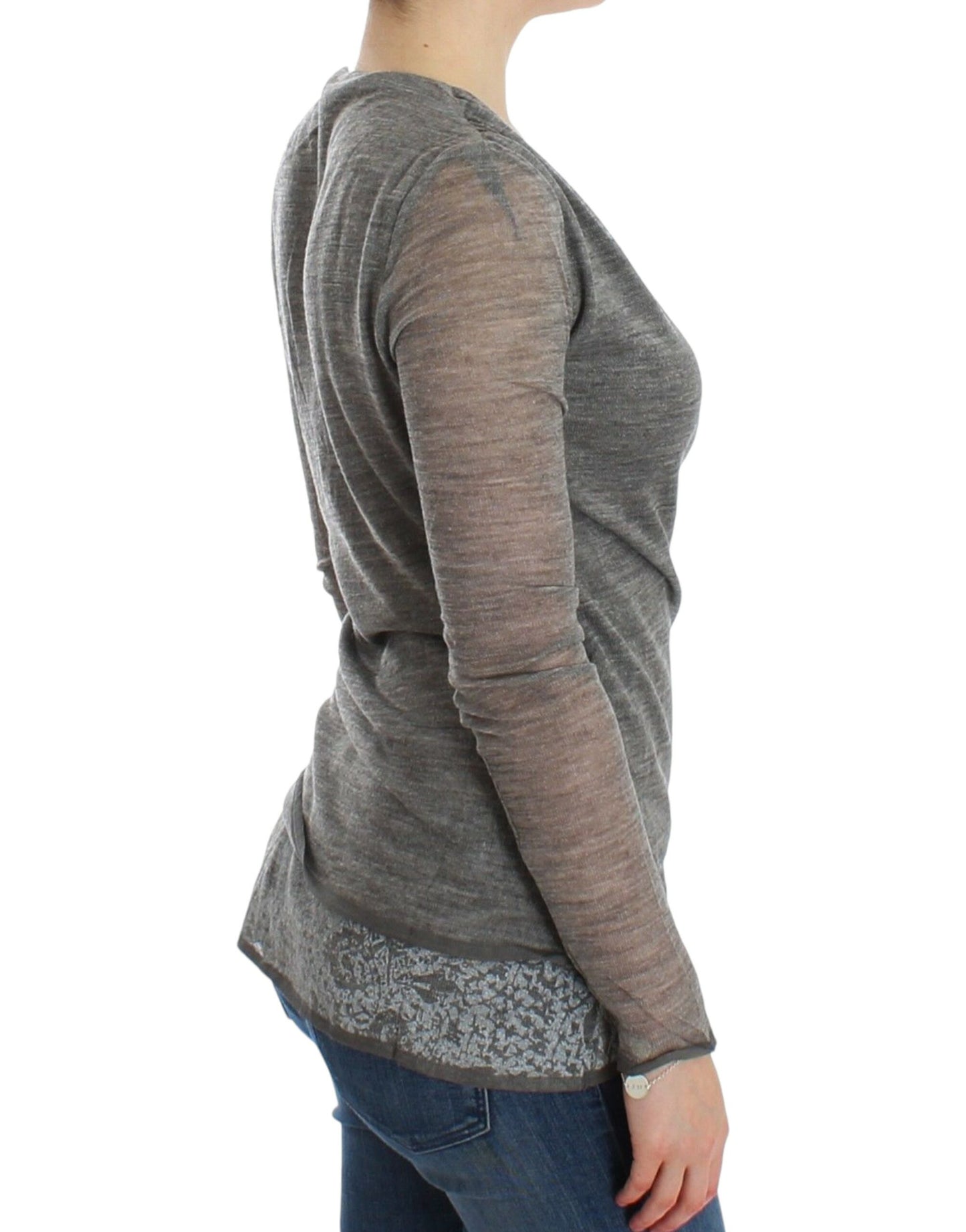  - Elegant Gray Wool Blend Deep V-neck Sweater