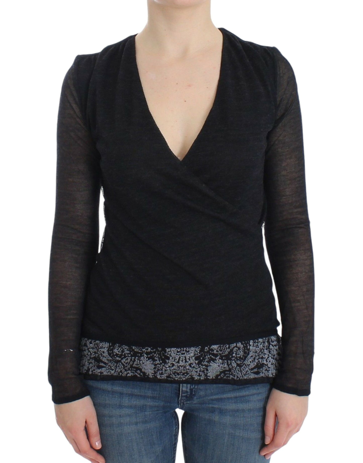  - Deep V-neck Black Wool Blend Sweater