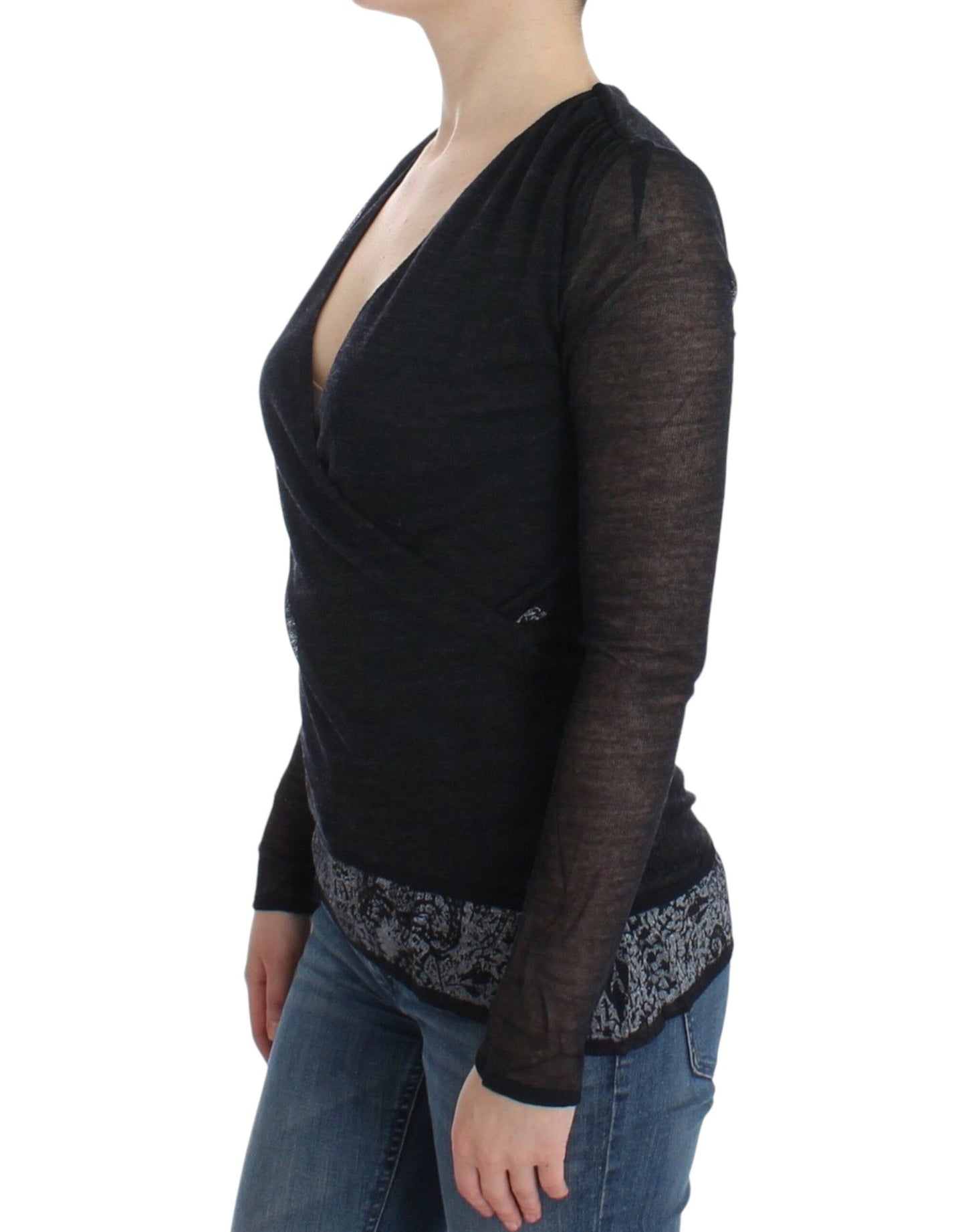  - Deep V-neck Black Wool Blend Sweater