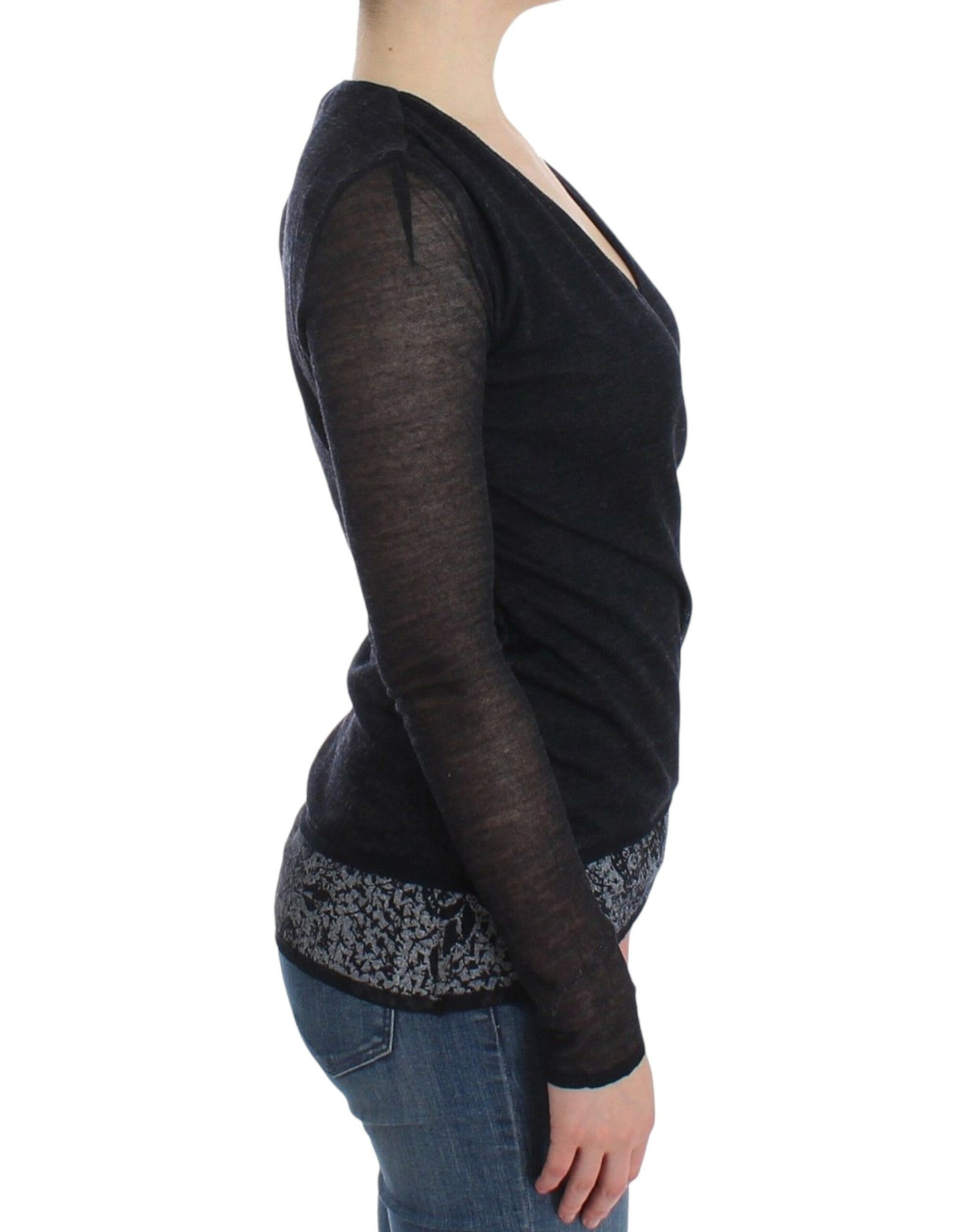  - Deep V-neck Black Wool Blend Sweater