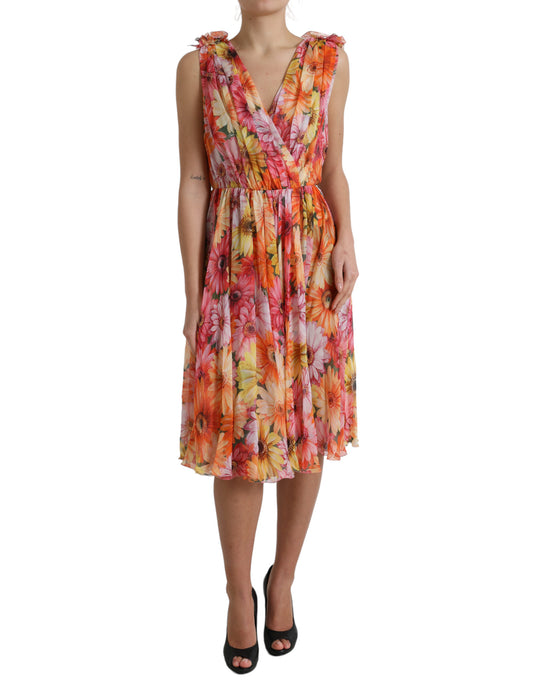  - Elegant Floral Silk Midi Dress with V-Neck