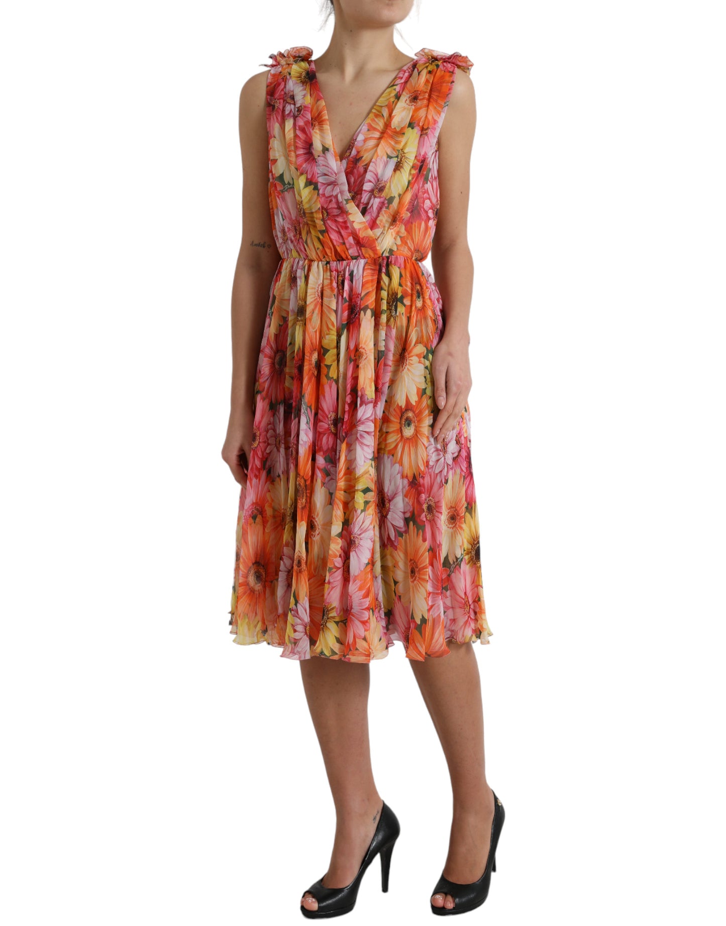  - Elegant Floral Silk Midi Dress with V-Neck