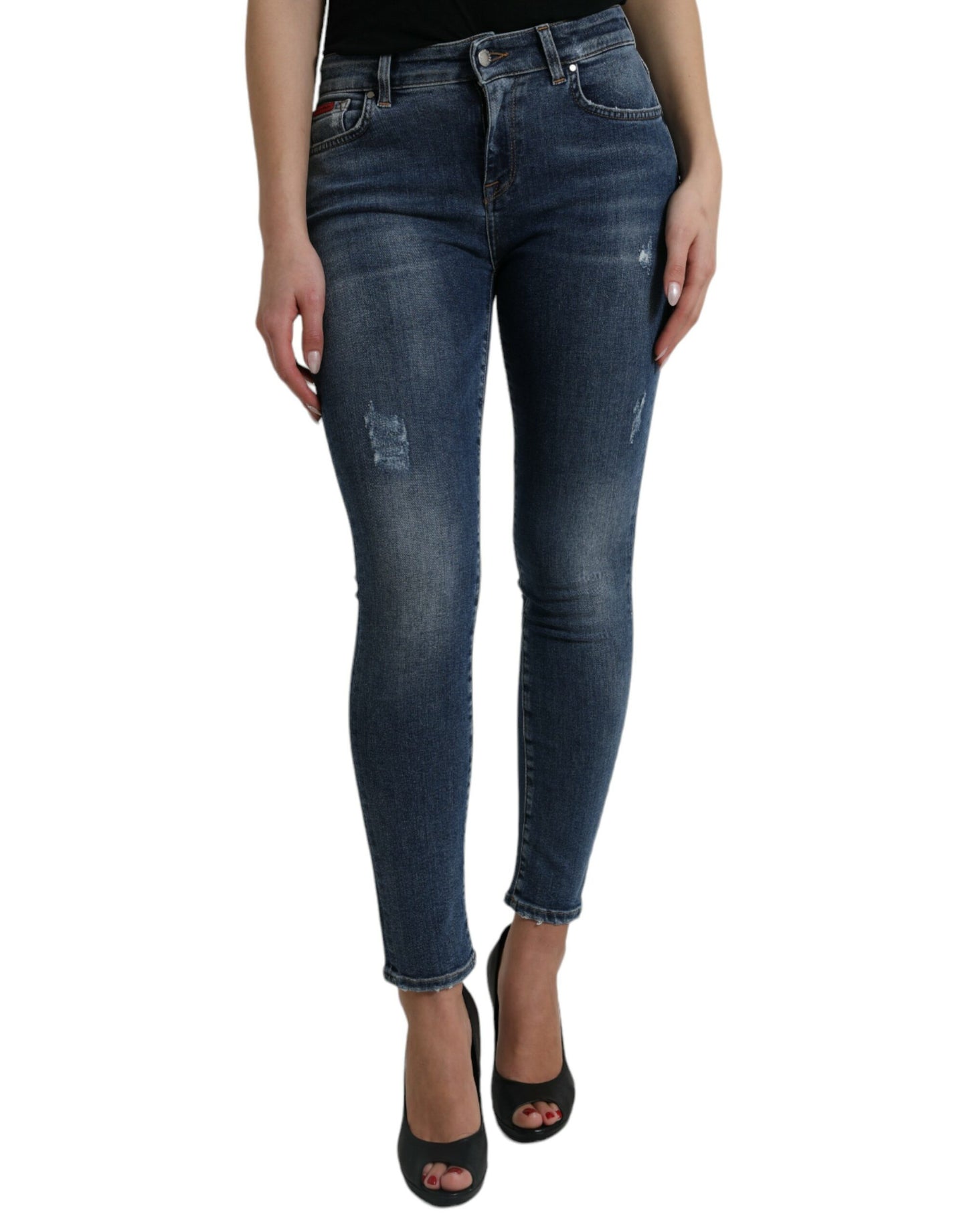  - Elegant Mid Waist Stretch Jeans in Blue