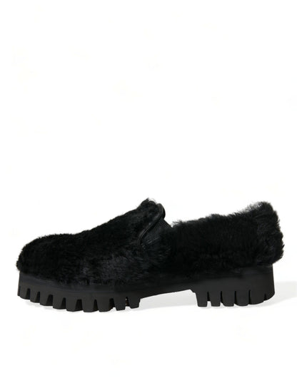  - Elegant Black Fur Slip On Loafers for Men