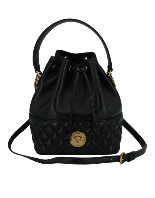  - Elegant Black Leather Medusa Bucket Shoulder Bag