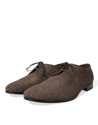  - Elegant Raffia Upper Derby Shoes - Lace Up in Brown