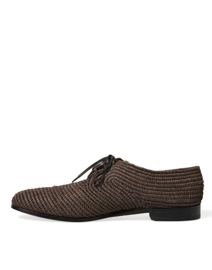  - Elegant Raffia Upper Derby Shoes - Lace Up in Brown