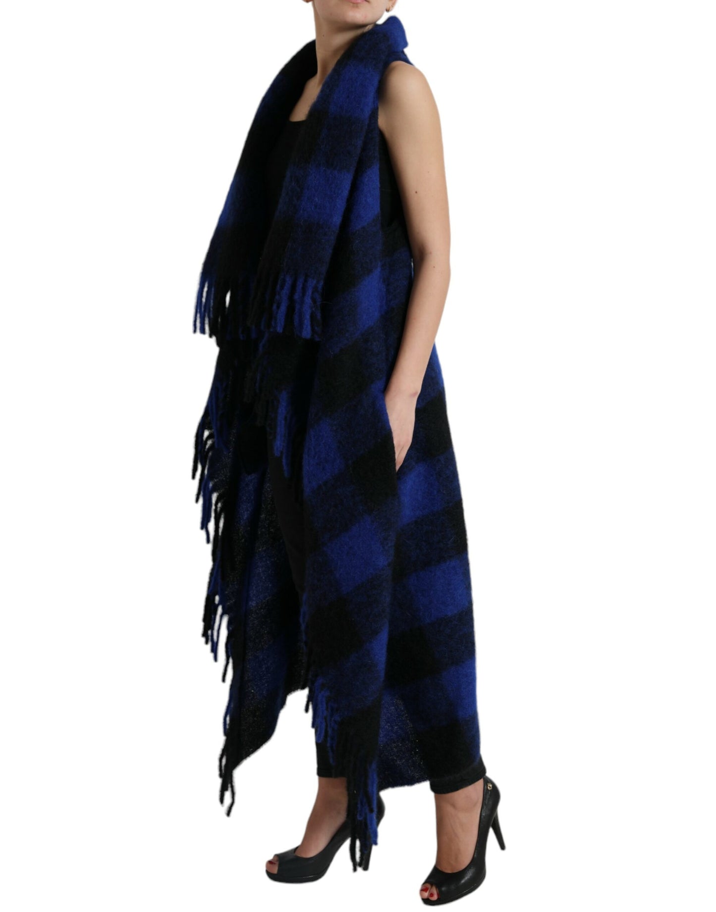  - Elegant Checkered Fringe Poncho Cardigan