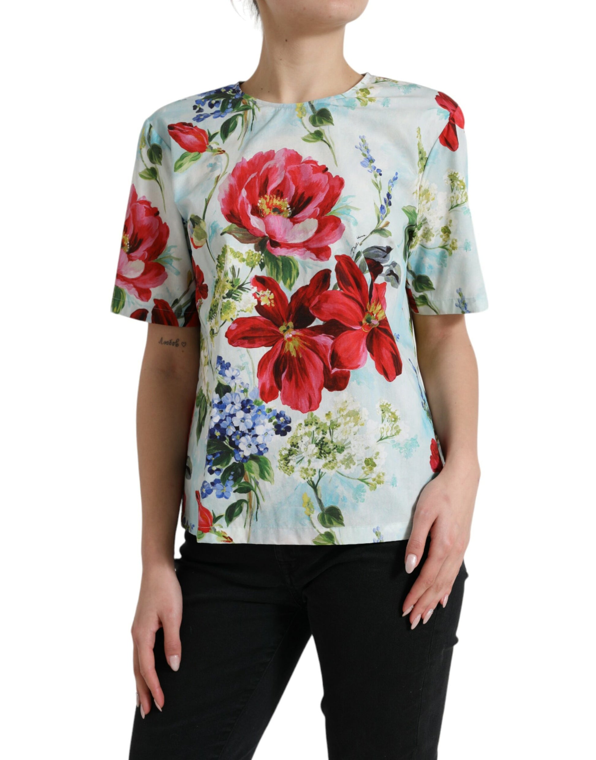 Chic Floral Round Neck Cotton Top