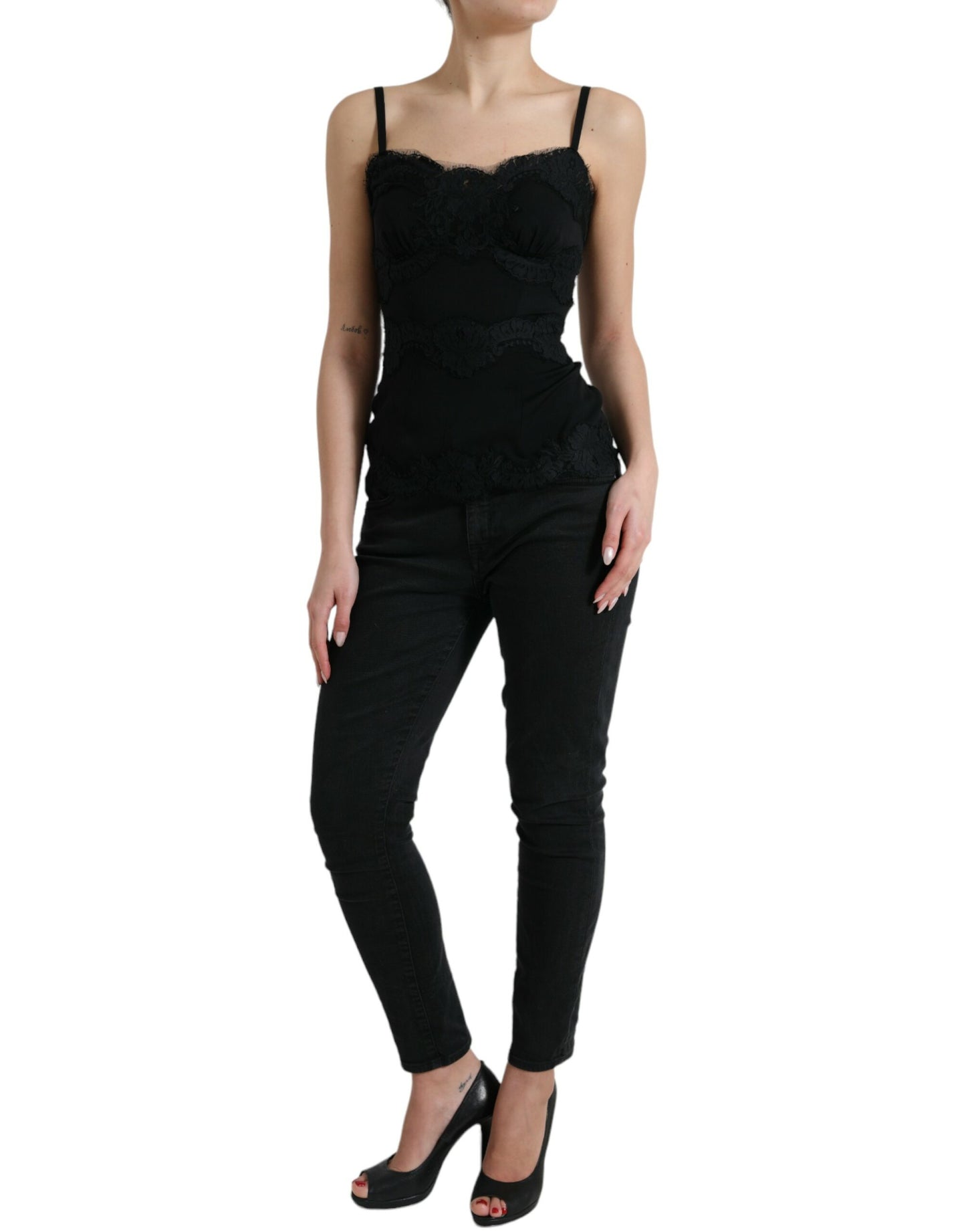  - Elegant Black Silk Lace Tank Top