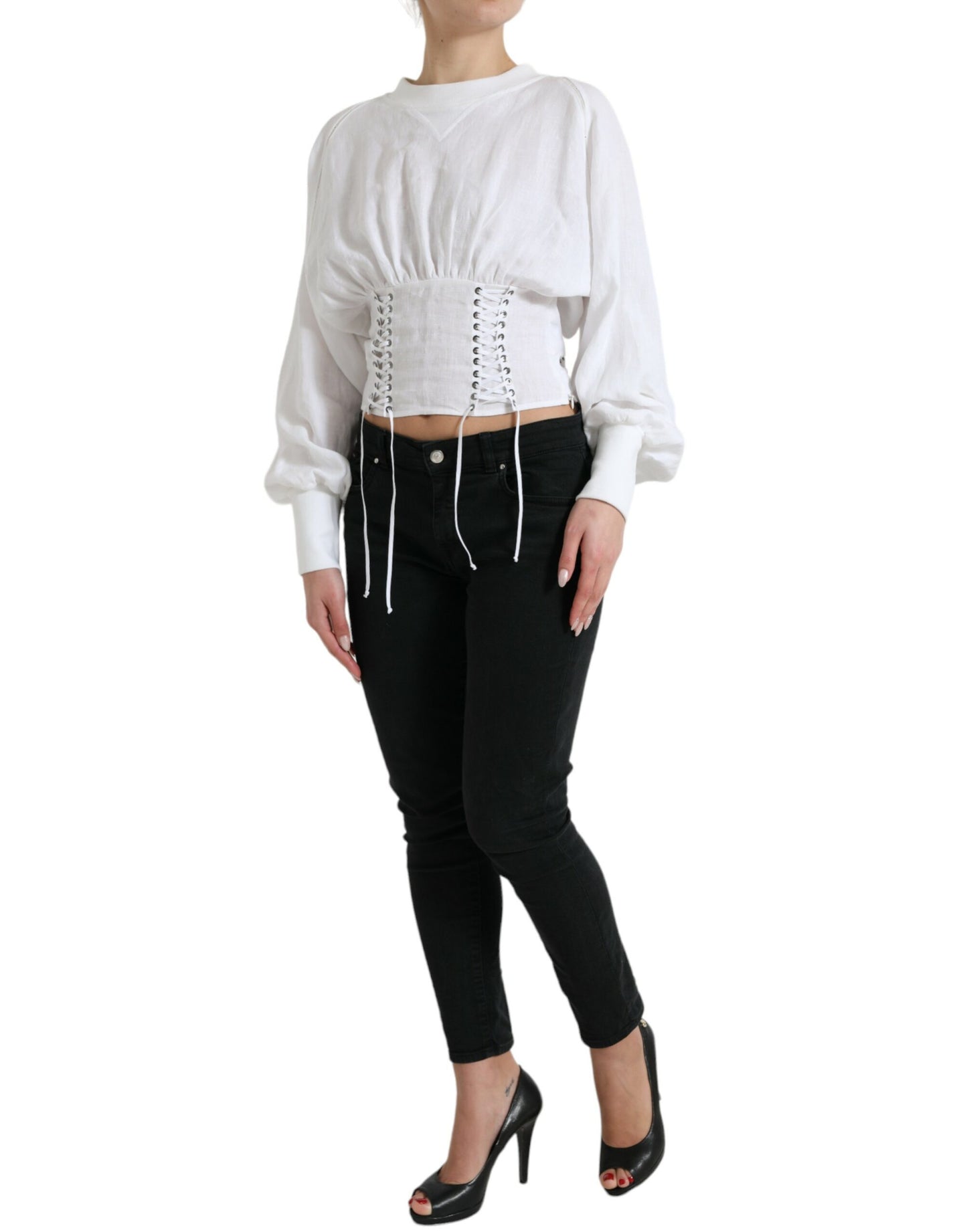  - Elegant White Lace-Up Corset Cropped Top