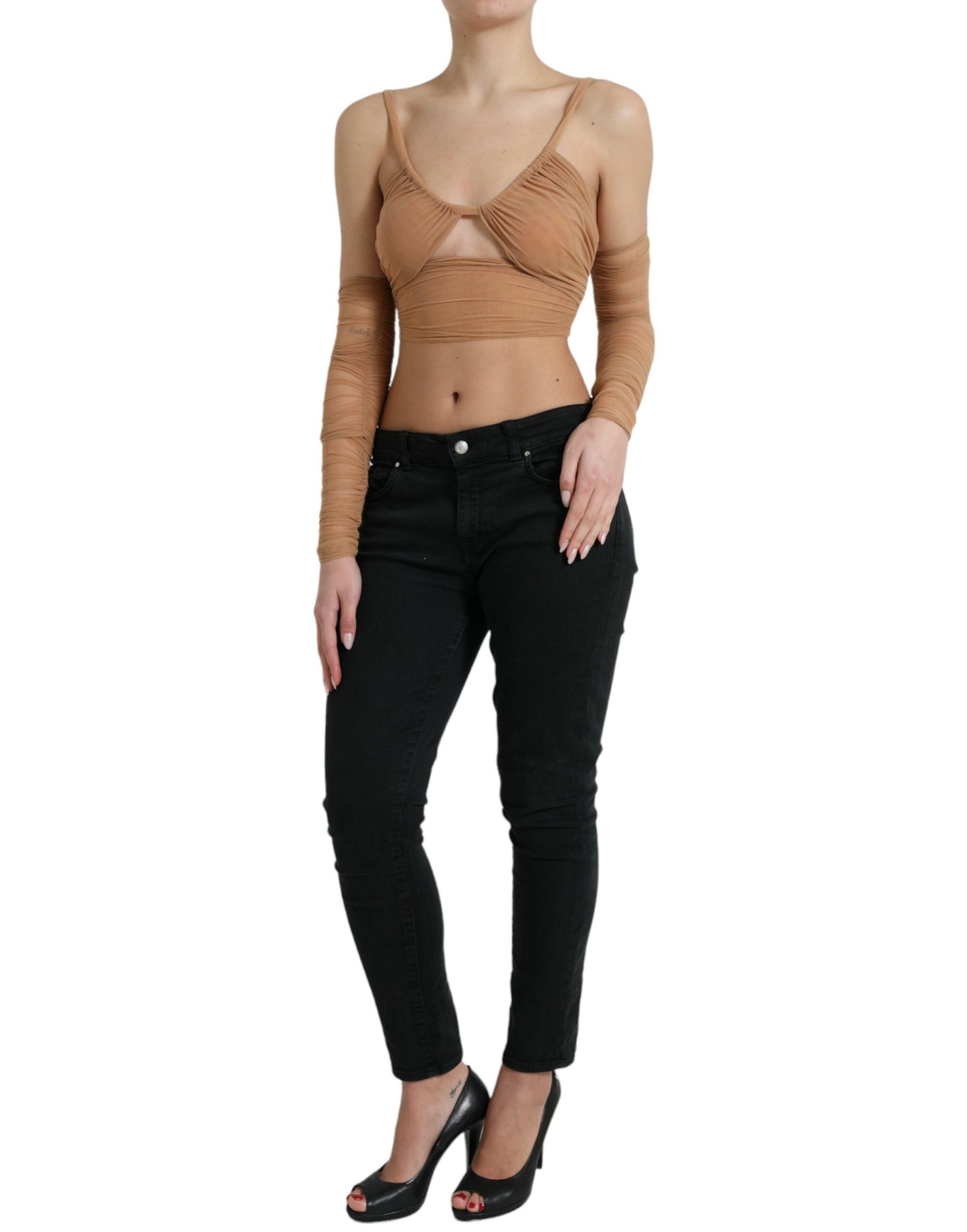  - Elegant Brown Cropped Long Sleeve Top