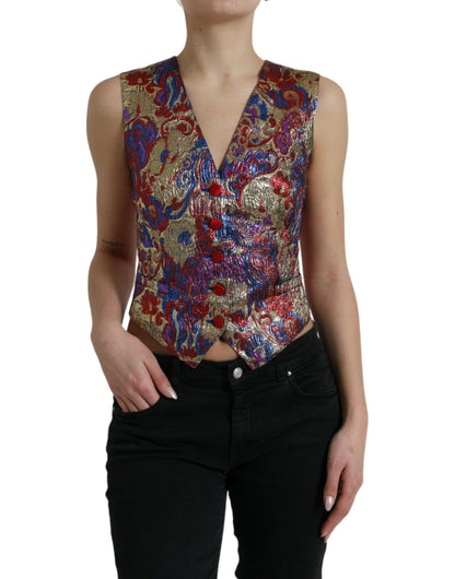  - Multicolor Floral Print Jacquard Waistcoat Vest