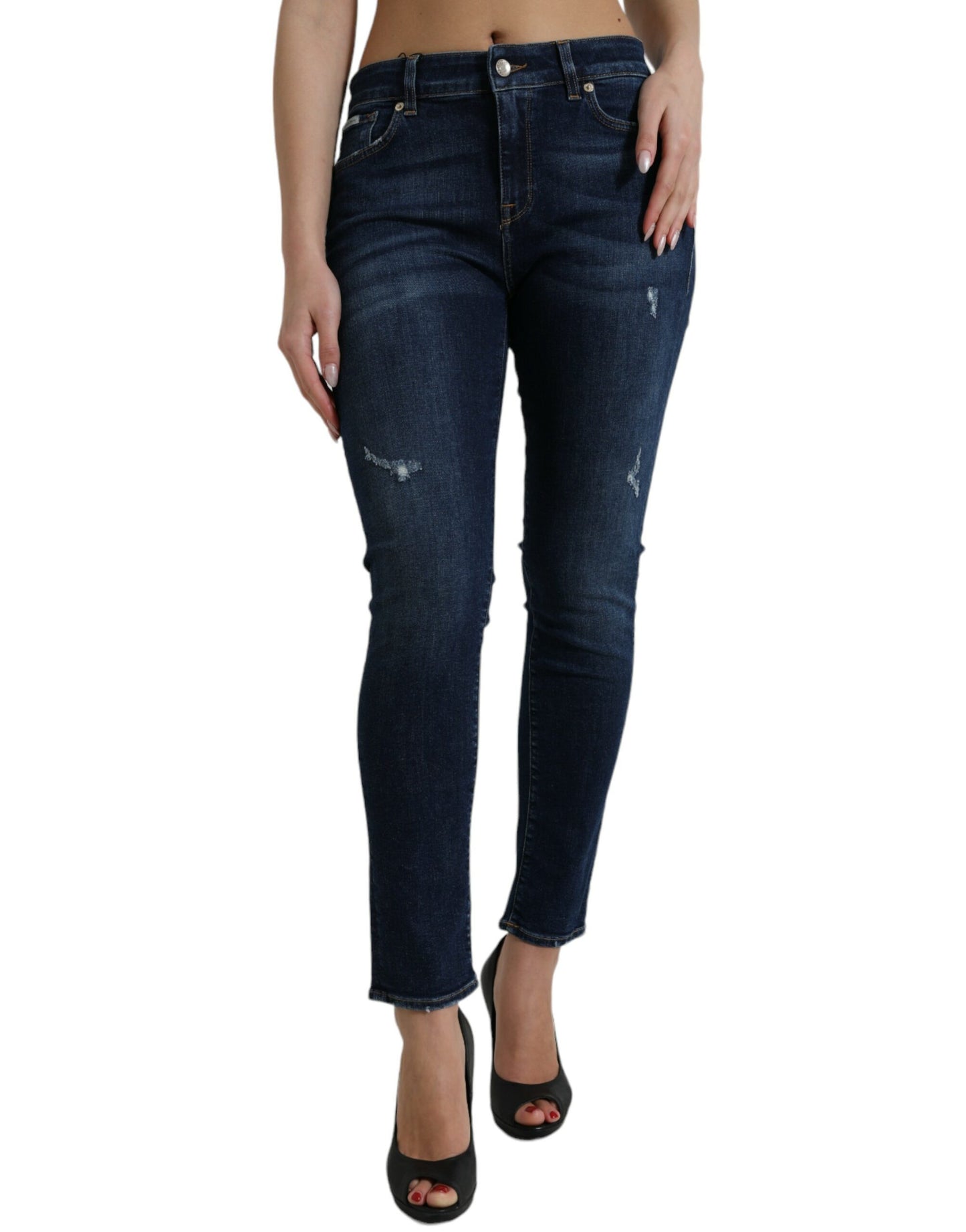  - Elegant Dark Blue Mid Waist Stretch Jeans