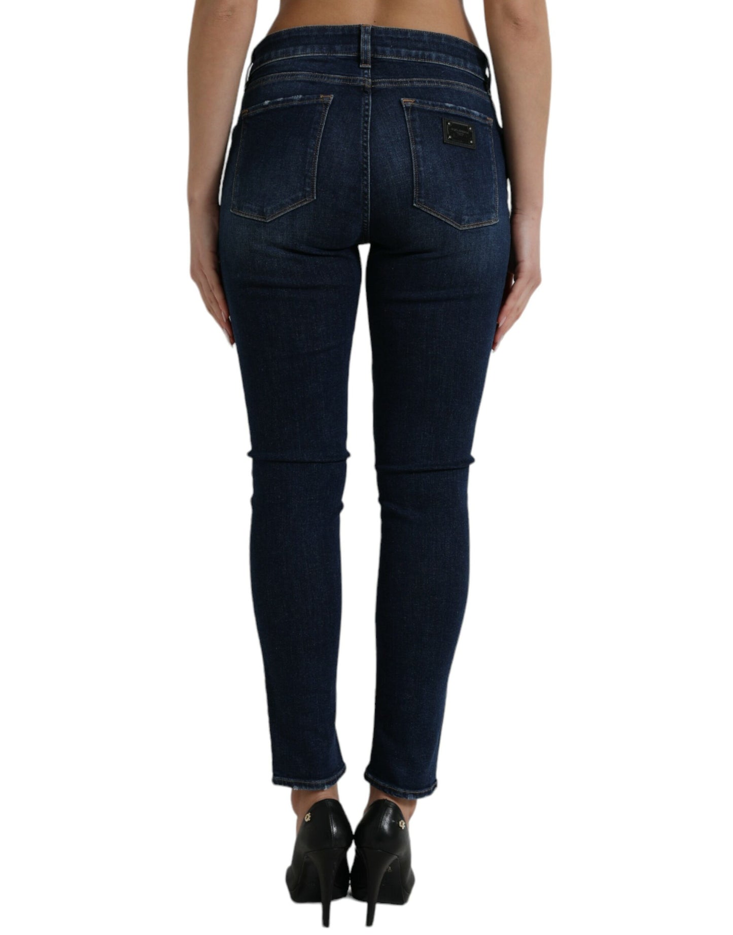  - Elegant Dark Blue Mid Waist Stretch Jeans