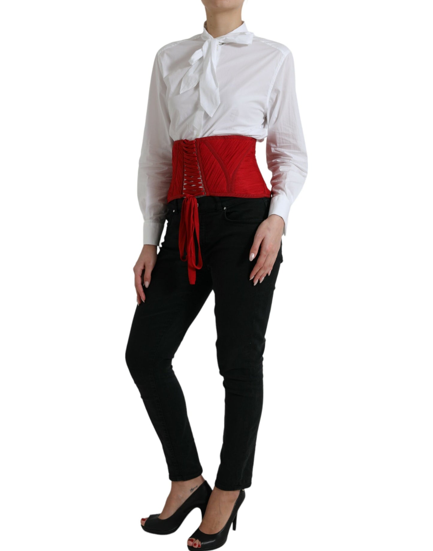  - Silk Corset Waist Belt in Fiery Red