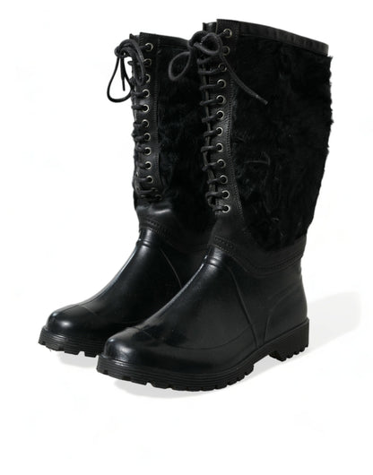  - Sleek Black Shearling Mid Calf Boots