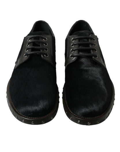  - Elegant Black Calf Fur Derby Shoes