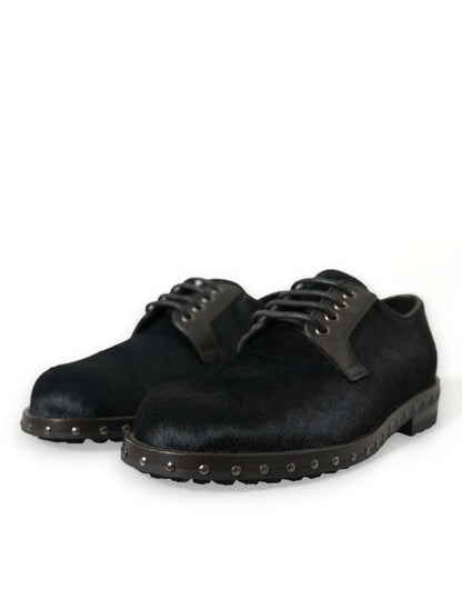  - Elegant Black Calf Fur Derby Shoes