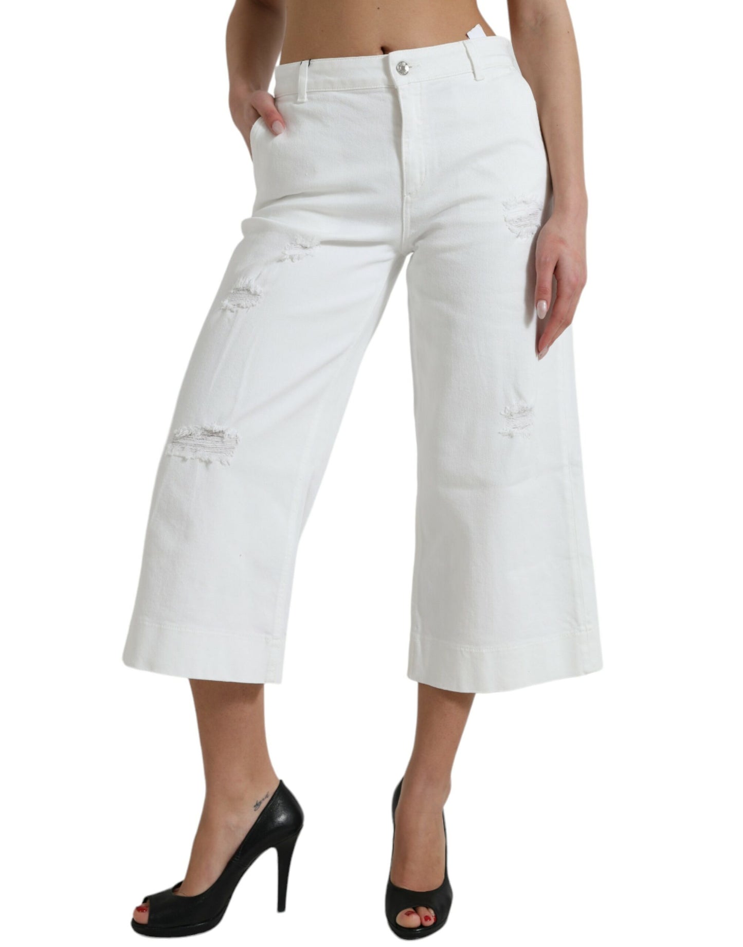  - Elegant White Mid-Waist Denim Cropped Jeans