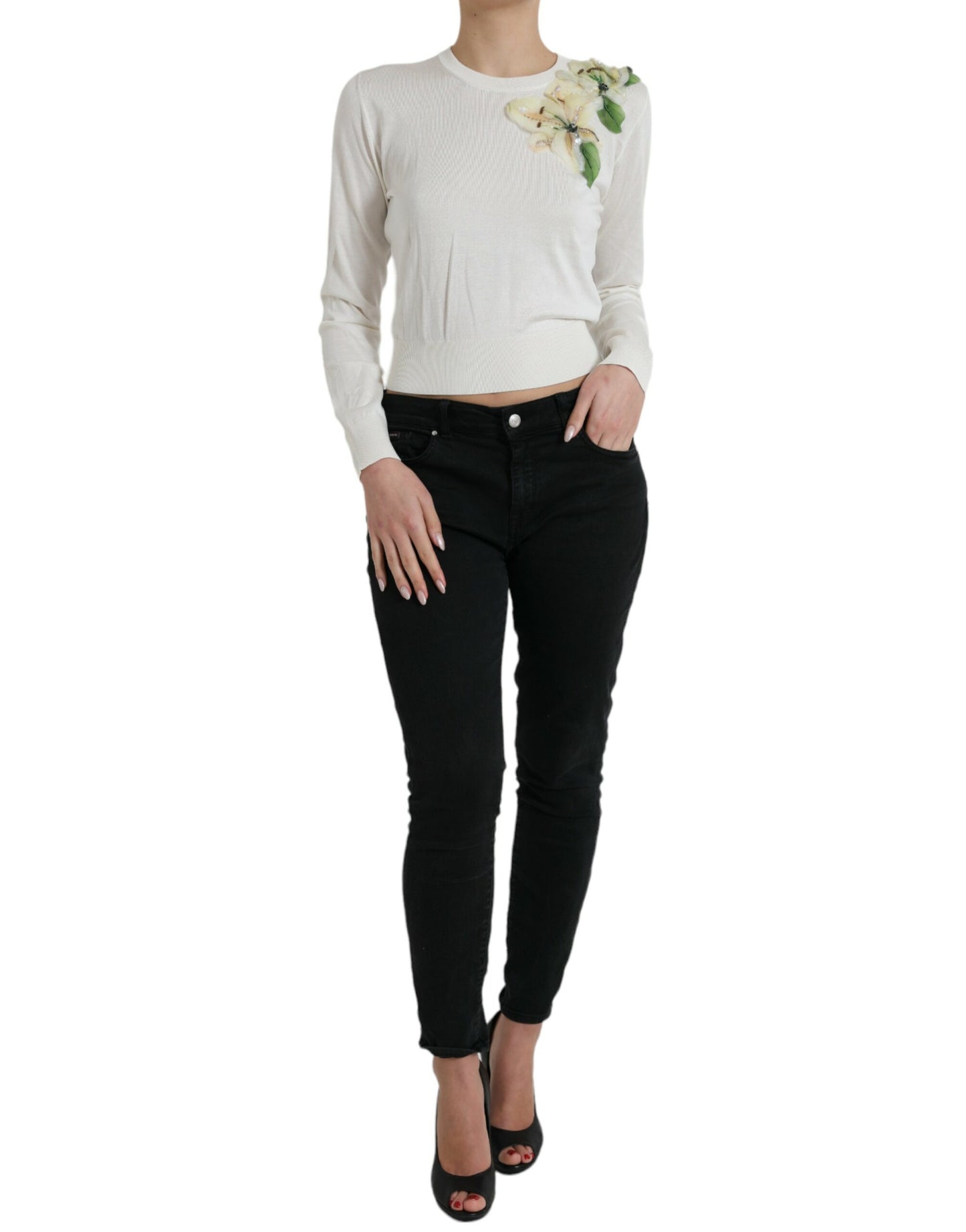  - Silk Floral Applique Pullover Sweater