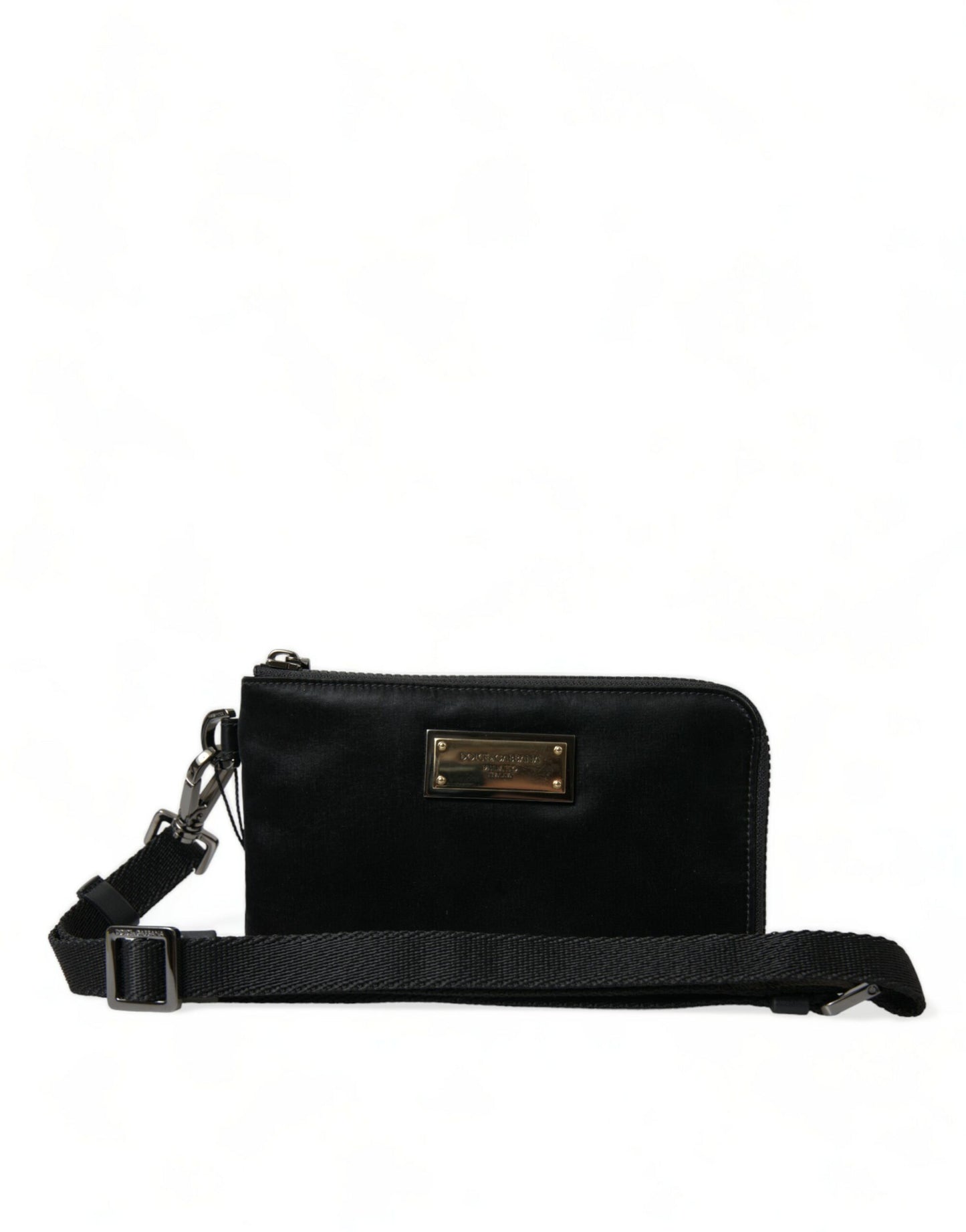  - Elegant Black Nylon Leather Pouch with Silver Details