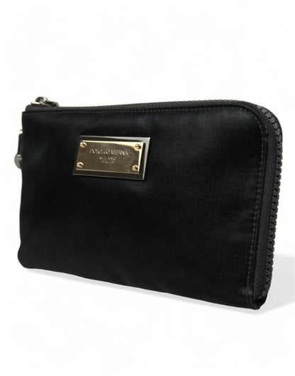  - Elegant Black Nylon Leather Pouch with Silver Details