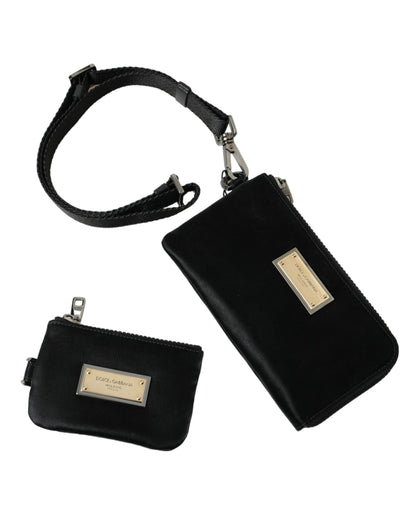  - Elegant Black Nylon Leather Pouch with Silver Details