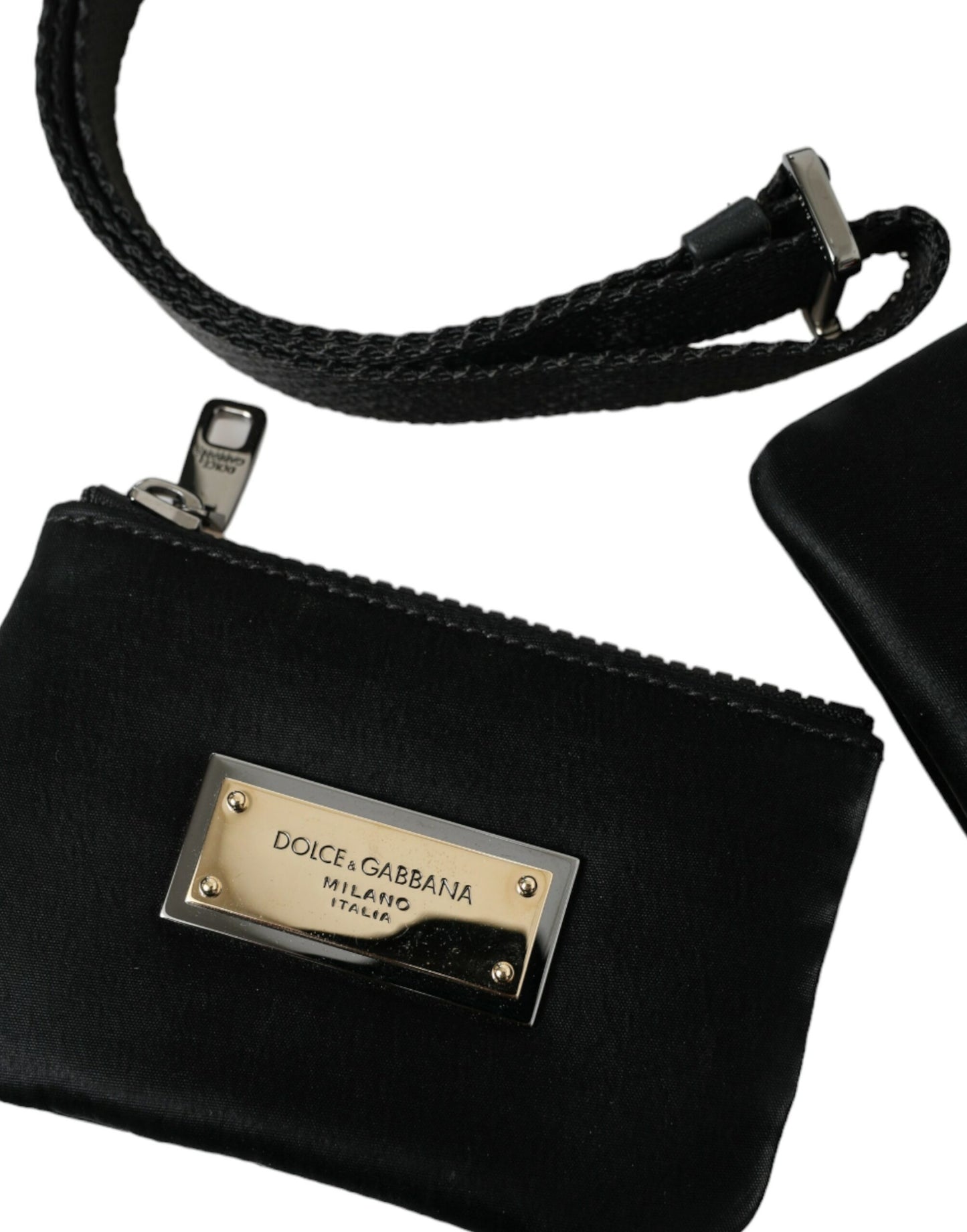  - Elegant Black Nylon Leather Pouch with Silver Details