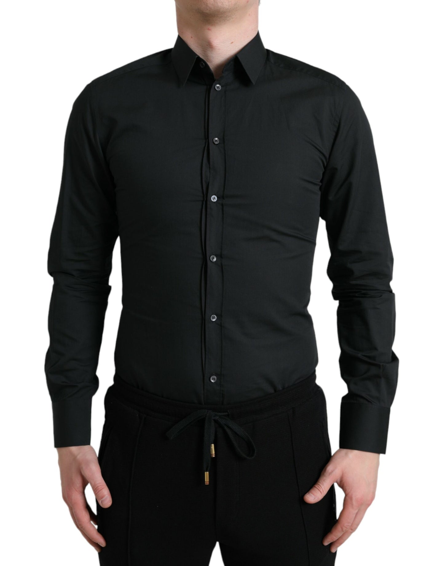  - Elegant Slim Black Silk Blend Dress Shirt