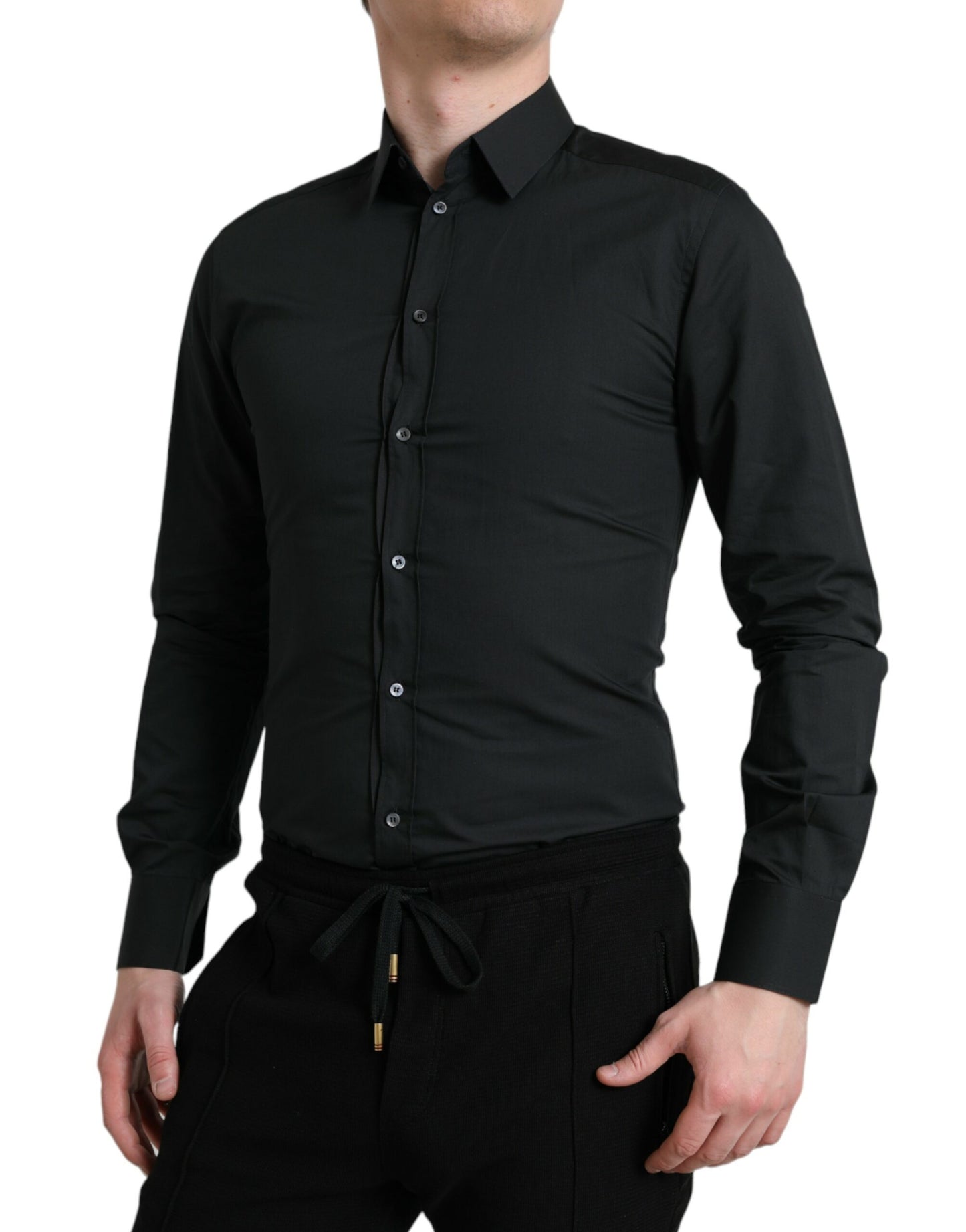  - Elegant Slim Black Silk Blend Dress Shirt