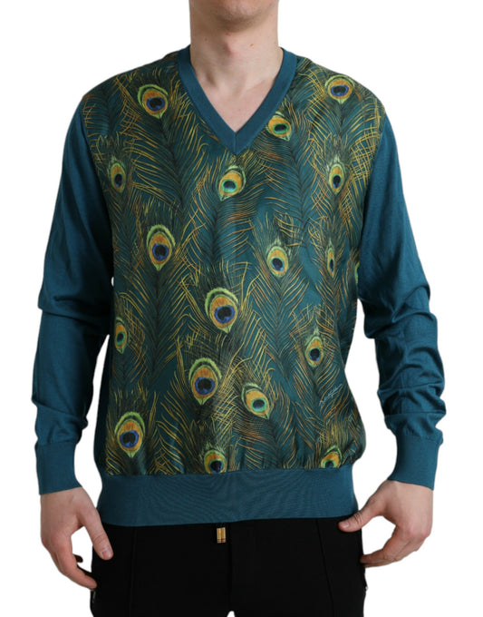  - Silk V-Neck Peacock Feather Sweater