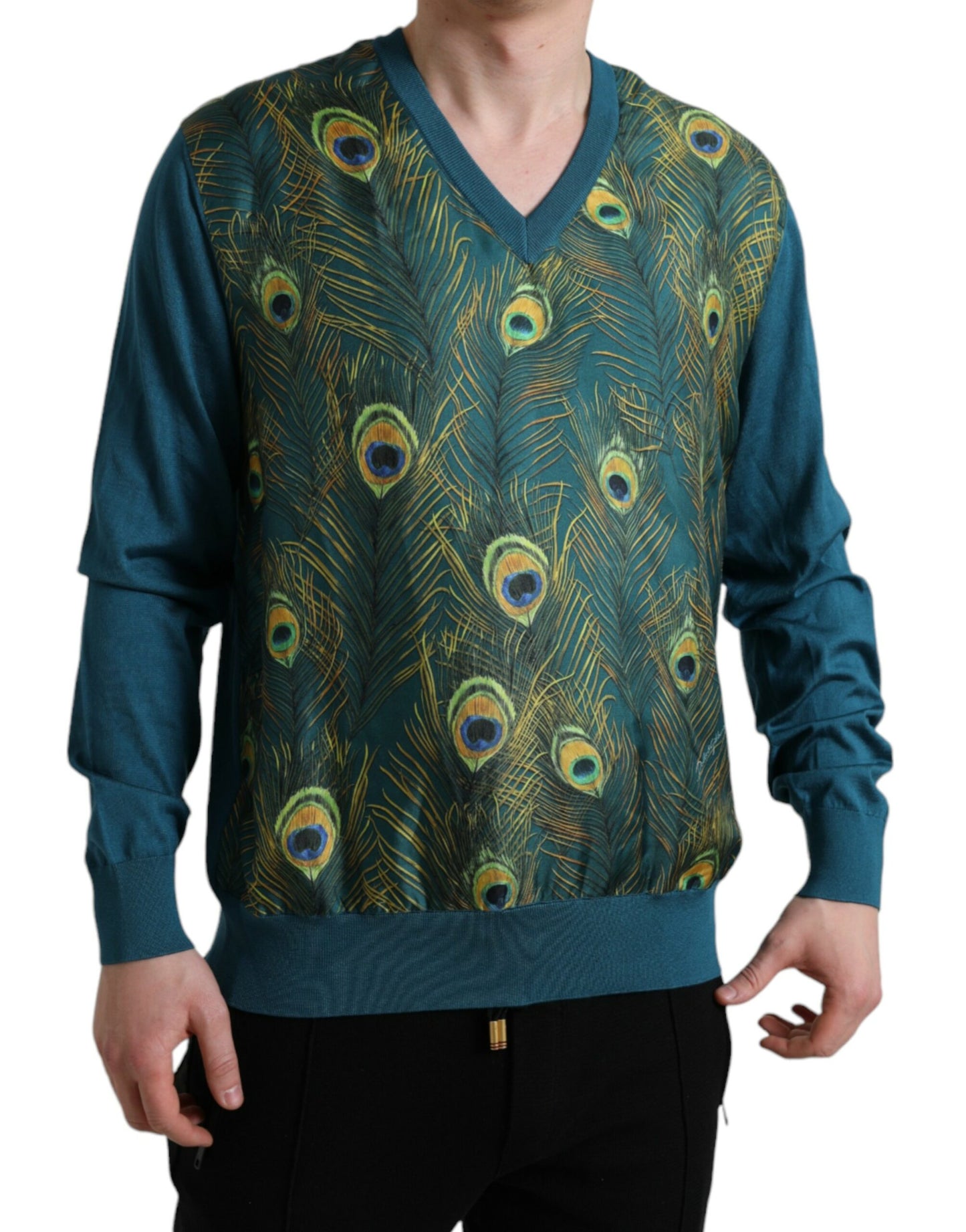  - Silk V-Neck Peacock Feather Sweater