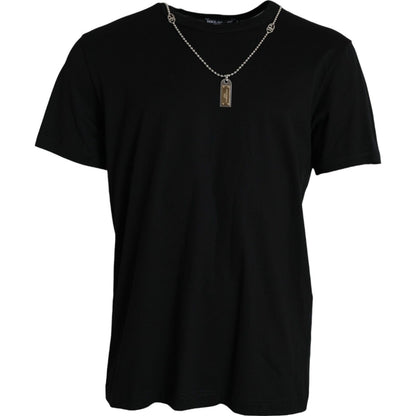  - Elegant Black Cotton Crewneck Tee with Dog Tag Detail