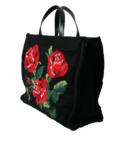  - Chic Embroidered Floral Black Tote