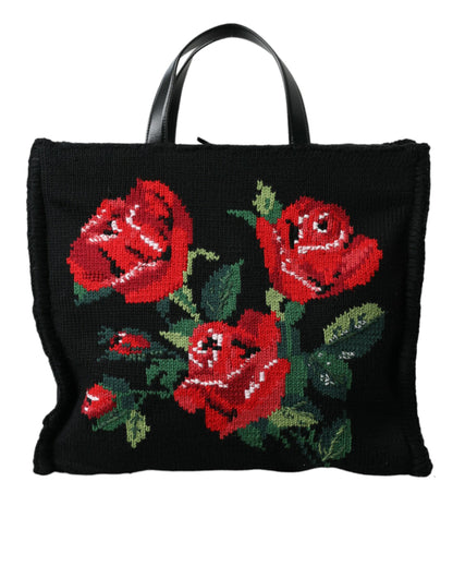  - Chic Embroidered Floral Black Tote