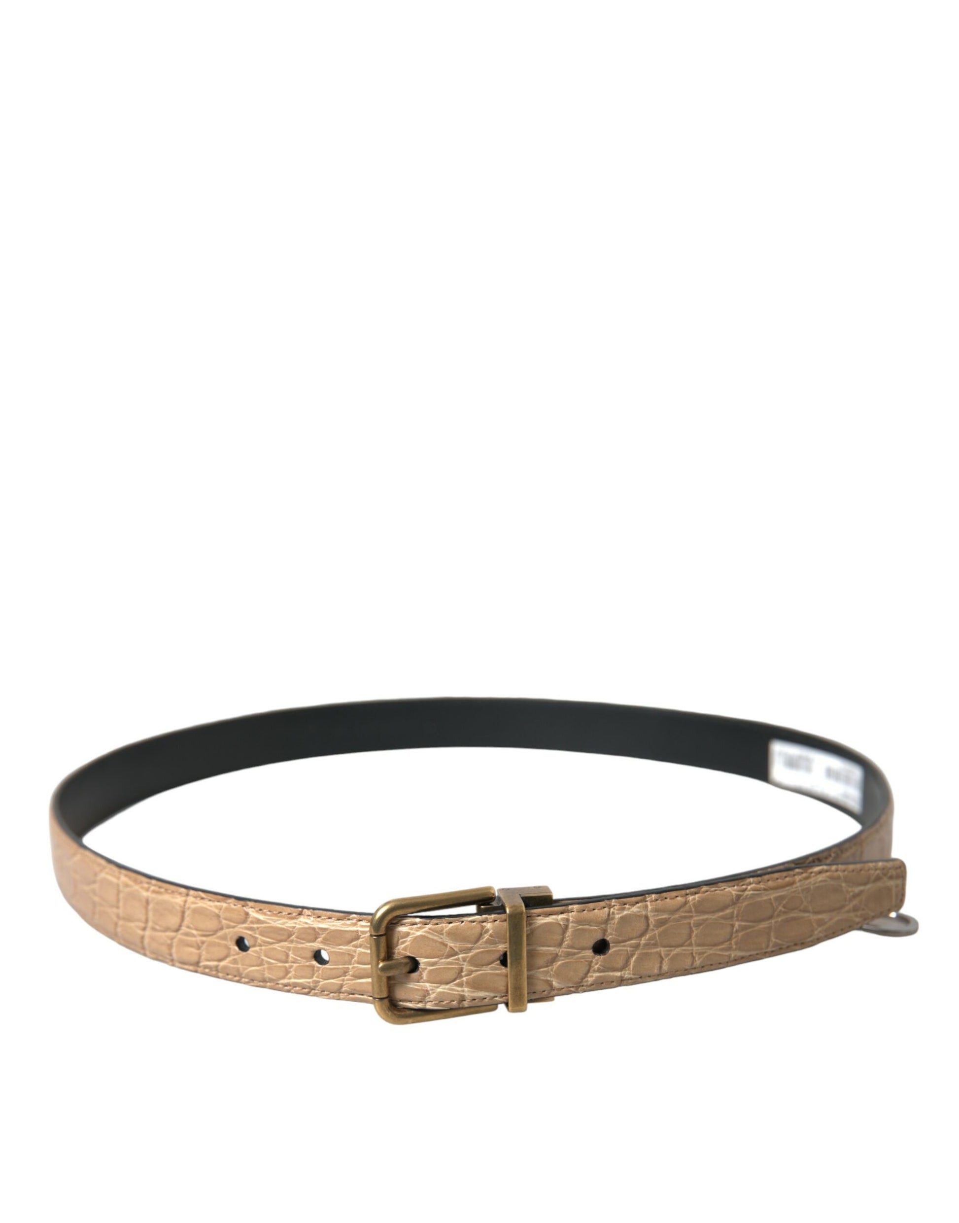 Beige Crocodile Print Leather Belt