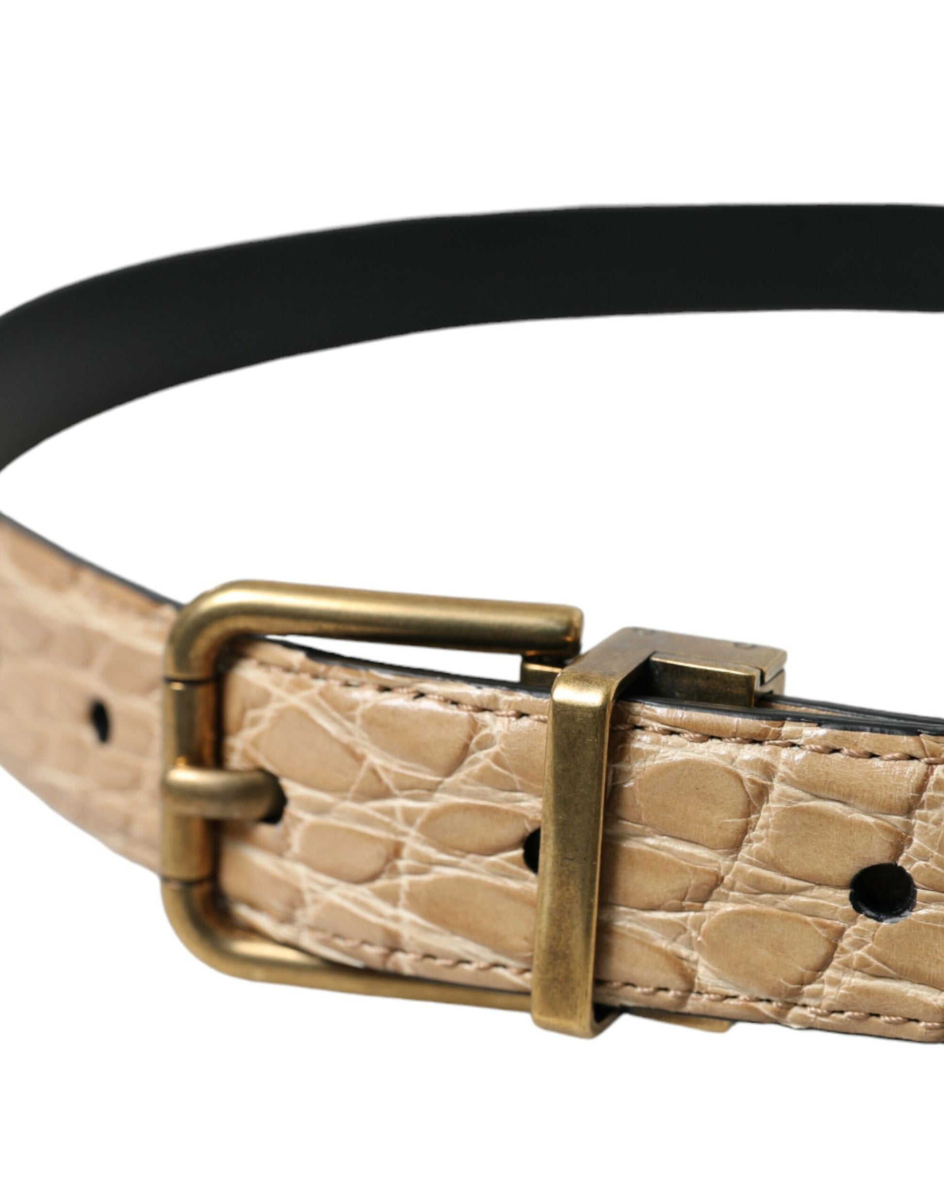 Beige Crocodile Print Leather Belt