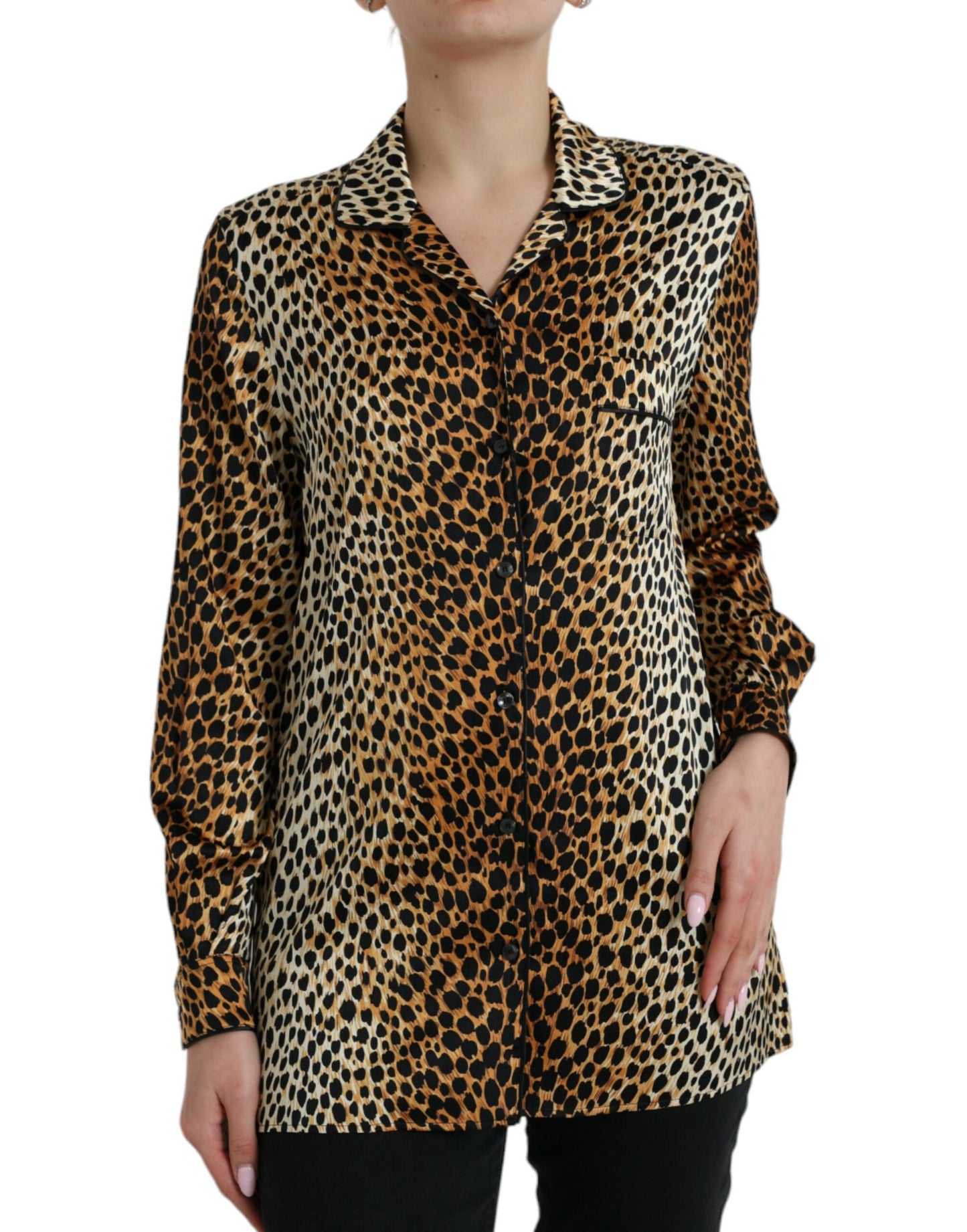  - Elegant Brown Animal Print Silk Blouse