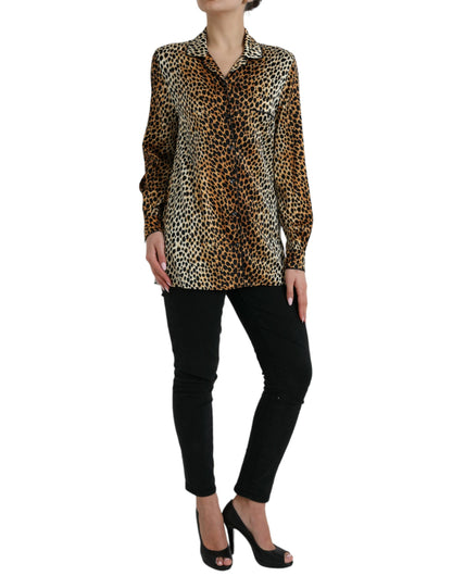  - Elegant Brown Animal Print Silk Blouse