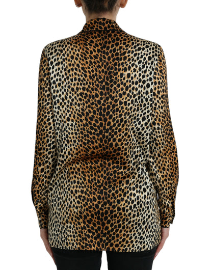  - Elegant Brown Animal Print Silk Blouse